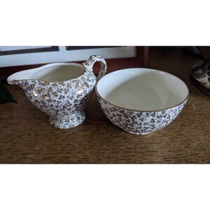 Vintage Empire England Gold Shamrock Chintz Print Creamer And Sugar Bowl